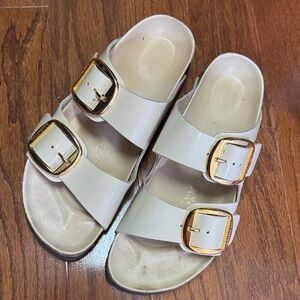 Birkenstock Arizona Beige Sandals with Gold Buckles